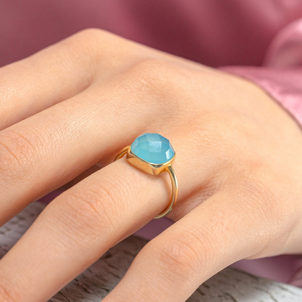 Aqua Chalcedony Statement Ring, Light Blue Quartz Ring, Sterling silver 18k gold plated ring, Gold Vermeil ring