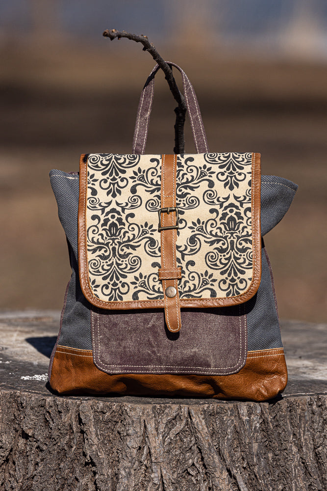 anchor print canvas backpack with faux leather trim Small Canvas Backpack with Ornaments