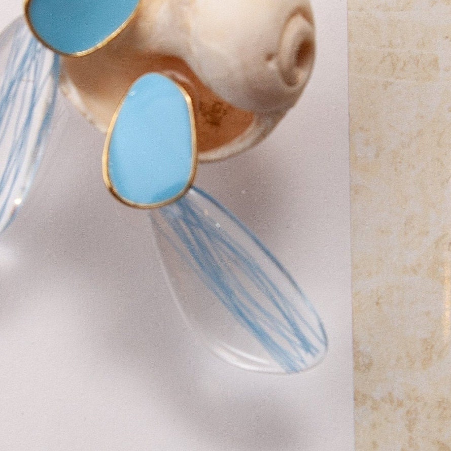 Light Blue Earrings, Clear Blue Earrings, Acetate Earrings, Modern Earrings in Blue, Long Stud Earrings in Blue