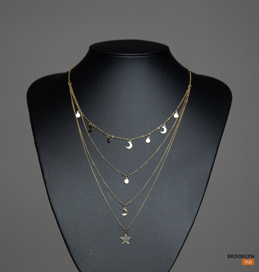 Multi Layered Necklace with Stars and moon, Gold Multi-strand Necklace, Celestial Boho Necklace, Gift for her