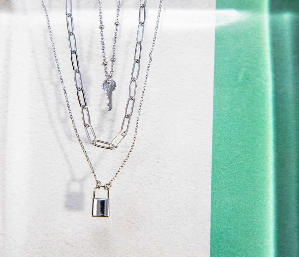 Layered Necklace with Key and Lock, Multi-strand Necklace, Minimalist key Locket necklace, Gift for her, Dainty necklace for her