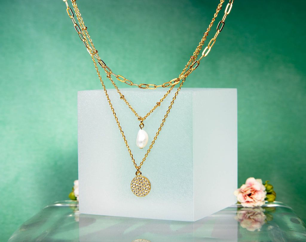 Layered Necklace with Pearl Pendant, Multi-strand Necklace, Minimalist 3 layered necklace, Gift for her, Dainty necklace for her