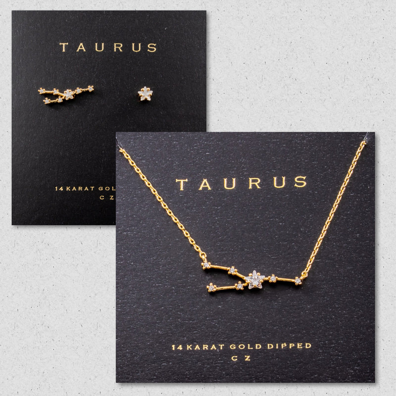 Taurus Sign Constellation Necklace and Studs Set, Celestial Jewelry Zodiac Sign Necklace and Earrings set, Taurus Birthday Gift Set