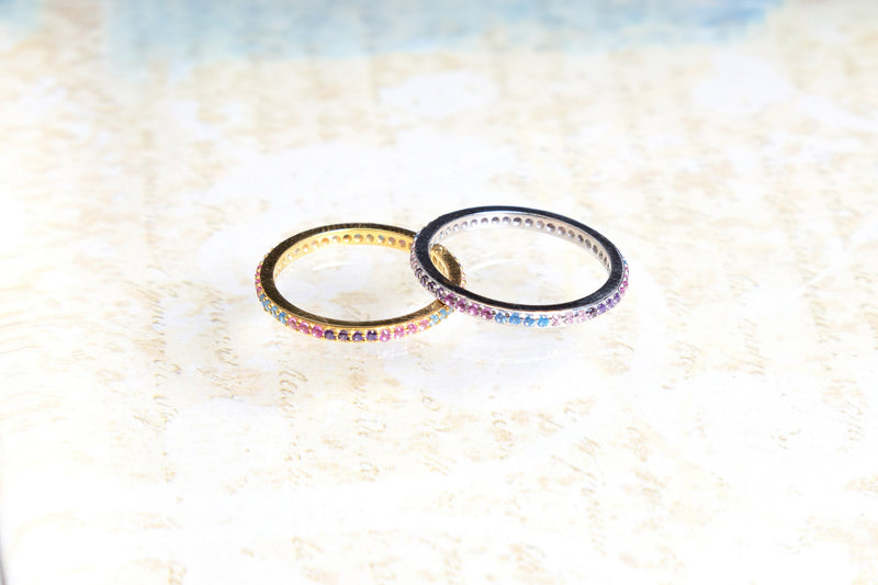 Rainbow Ring with CZ stones, 14k Gold Plated Multicolor Sterling Silver Ring, Gift For Her, Dainty Minimalist Ring