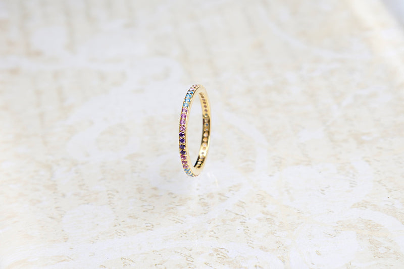 Rainbow Ring with CZ stones, 14k Gold Plated Multicolor Sterling Silver Ring, Gift For Her, Dainty Minimalist Ring