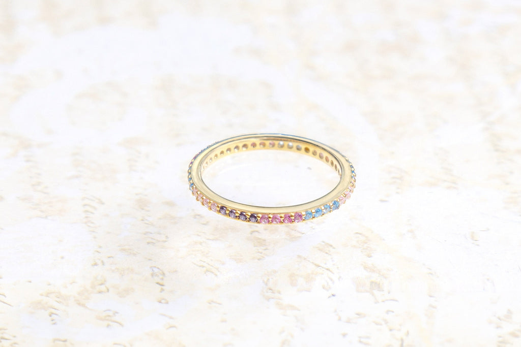 Rainbow Ring with CZ stones, 14k Gold Plated Multicolor Sterling Silver Ring, Gift For Her, Dainty Minimalist Ring