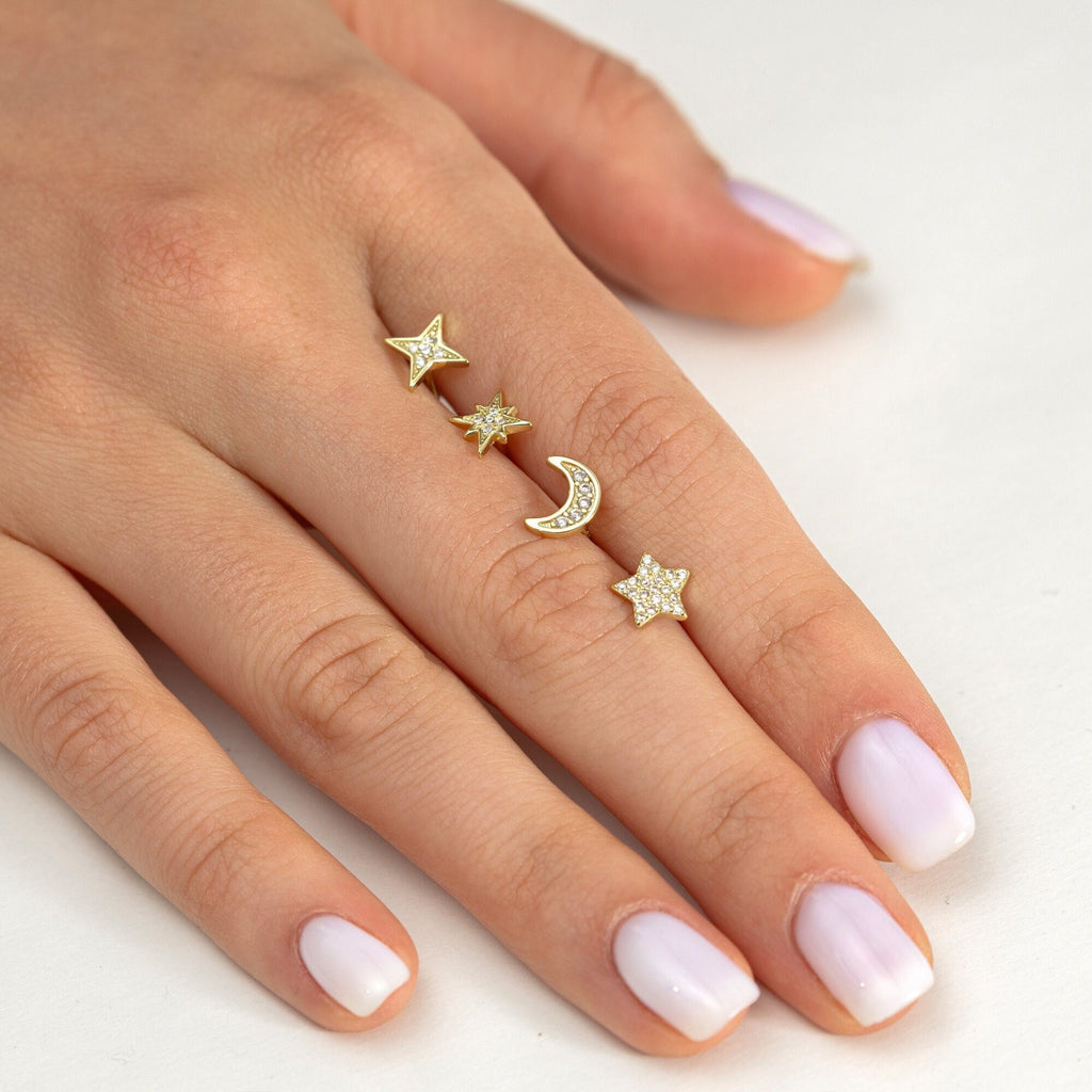 Tiny Moon and Stars Studs set of 4, celestial Studs in 925 sterling silver with Zircon, Ready to ship Holiday Gift