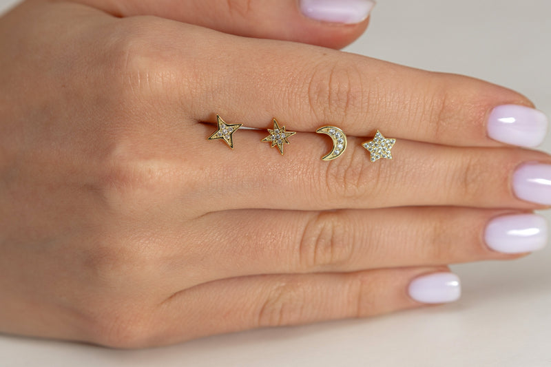Tiny Moon and Stars Studs set of 4, celestial Studs in 925 sterling silver with Zircon, Ready to ship Holiday Gift