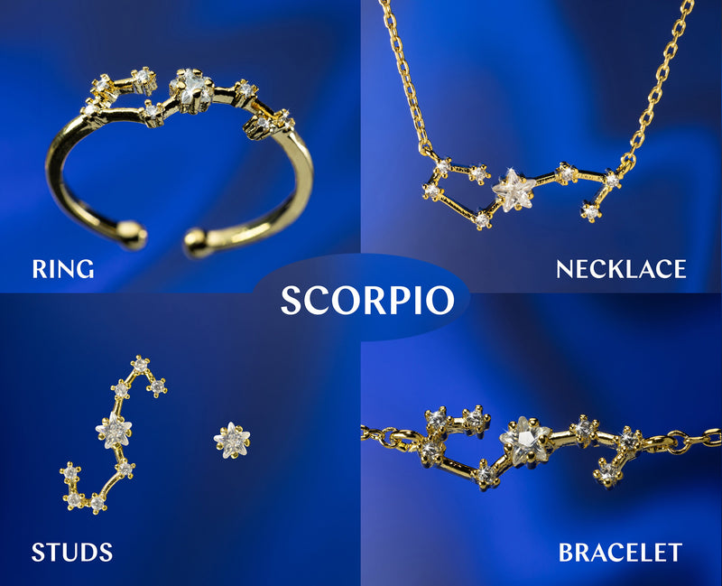 Scorpio Gift Set, Constellation Zodiac Jewelry for Scorpio, Celestial Jewelry Matching set Necklace, Bracelet, Ring, Stud Earrings