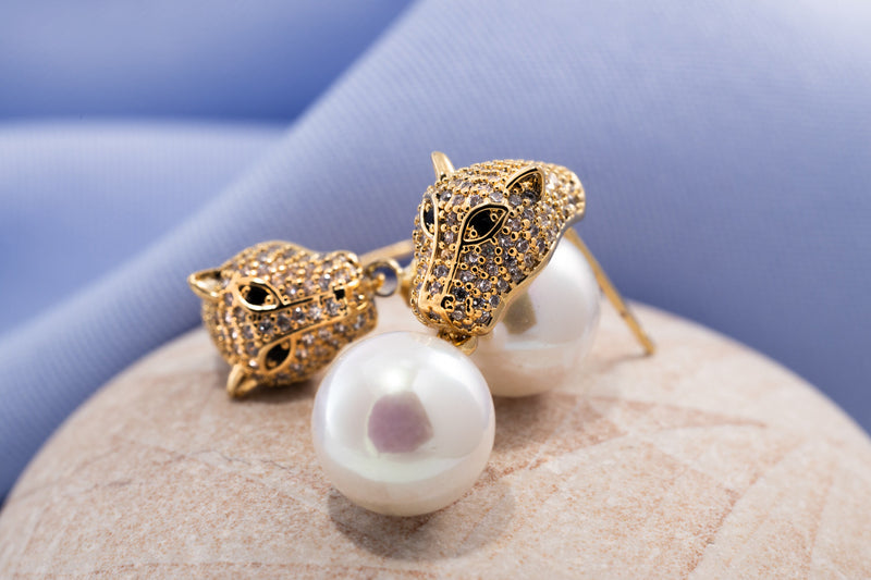 Leopard studs with Pearls. 14k Gold Plated Cubic Zircon jewelry, Statement Animal Studs, Leopard earrings, Ready to Ship Gift