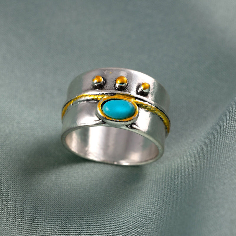 Statement Silver Ring with Blue Stone, Geometric Chunky Ring, Gift For Her, Boho ring in Silver two tone