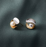 Small Enamel Studs with Pearl, Tiny Gold Stud Earrings, Minimalist Pearl Studs, BFF Birthday Gift