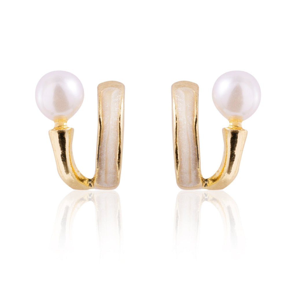 Tiny Enameled Studs with Pearl, Tiny Gold Stud Earrings, Minimalist Pearl Studs, Gift for her