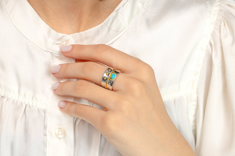 Statement Silver Ring with Blue Stone, Geometric Chunky Ring, Gift For Her, Boho ring in Silver two tone