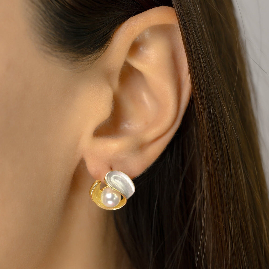 Small Enamel Studs with Pearl, Tiny Gold Stud Earrings, Minimalist Pearl Studs, BFF Birthday Gift