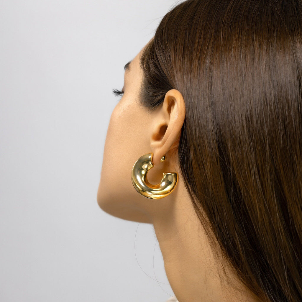 Bold Hoop earrings, Doughnut Hoops Ball Back in Gold, 14k Gold Plated large Hoops, Gift for her, Asymmetrical Statement earrings