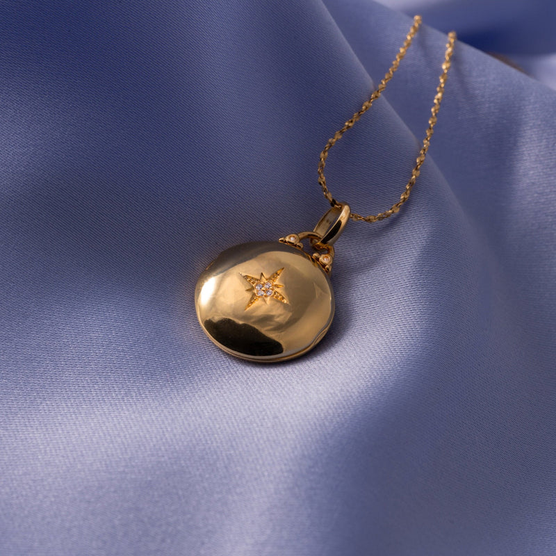 18k Gold Vermeil Locket Necklace, Small Locket Pendant with Zircon Star, Locket Charm Necklace, Gift for her, Mothers Day Gift