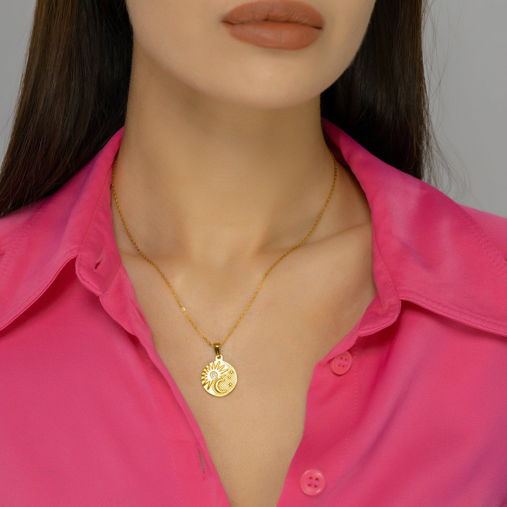 Celestial Necklace with Sun, Moon and Stars, Stainless Steel Locket 14k gold plated Necklace, Gift for her, Mothers Gift