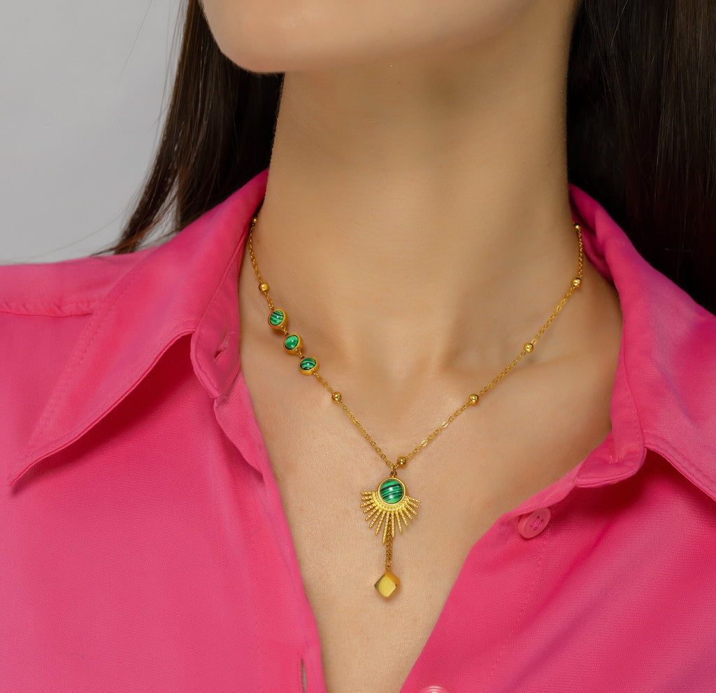 Gold Necklace with Green Malachite Pendant, Stainless Steel Statement 14k gold plated Necklace, Gift for her, Mothers Gift