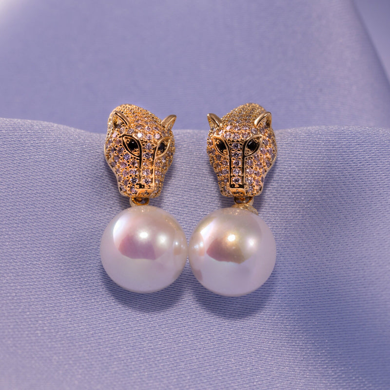 Leopard studs with Pearls. 14k Gold Plated Cubic Zircon jewelry, Statement Animal Studs, Leopard earrings, Ready to Ship Gift