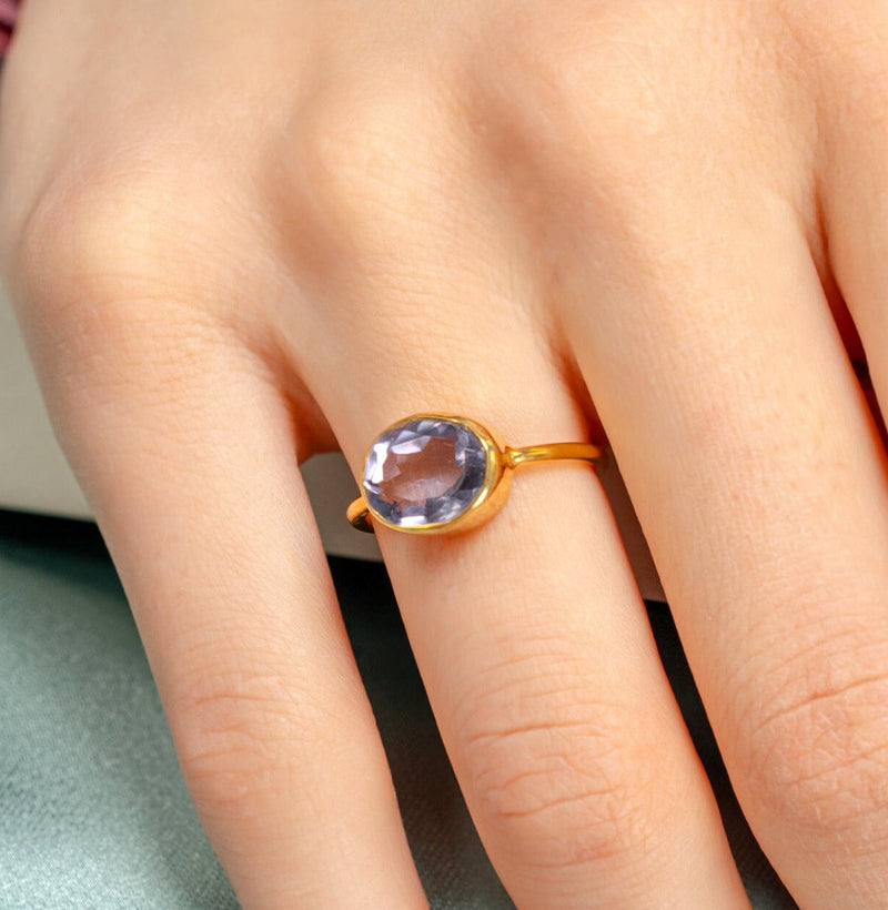 Alexandrite Quartz Statement Ring, Alexandrite Oval Ring, Sterling silver 18k gold plated Pink Purple ring, Gold Vermeil ring