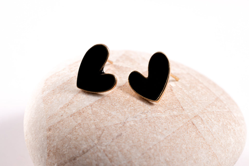 Black Gold Heart Studs, Small Enamel Studs, Tiny Heart Stud Earrings, Minimalist Black Studs, BFF Gift