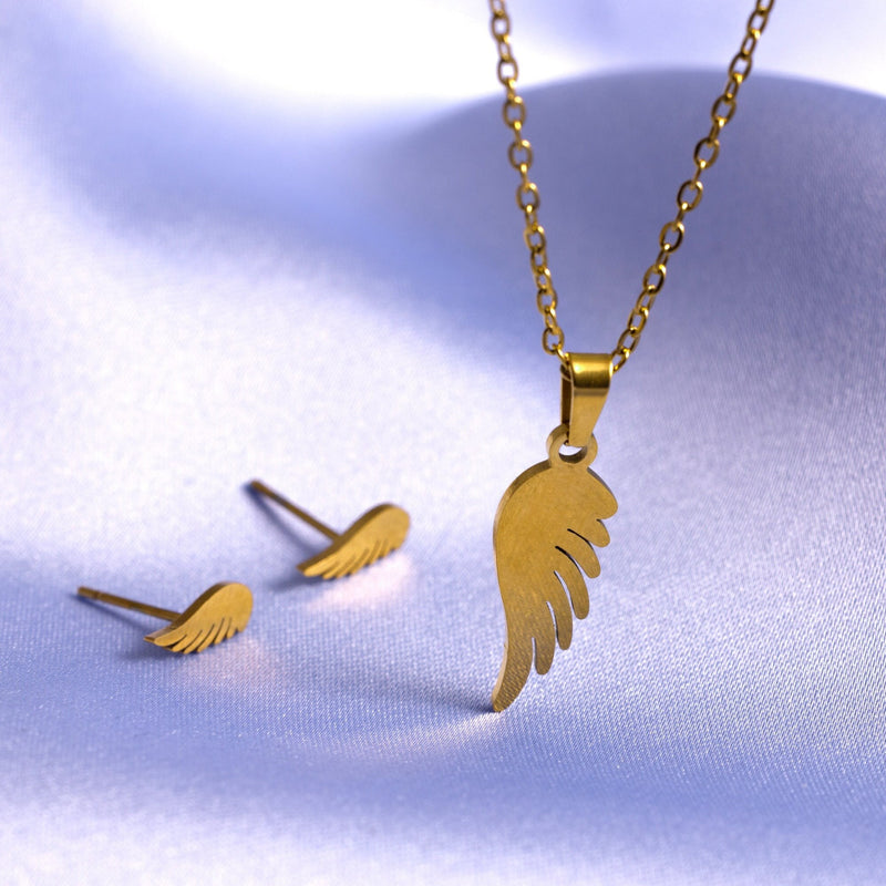 Angel wings Necklace and studs set, Stainless Steel Matching Wings Necklace and Tiny studs, Gift for her, Mothers Gift