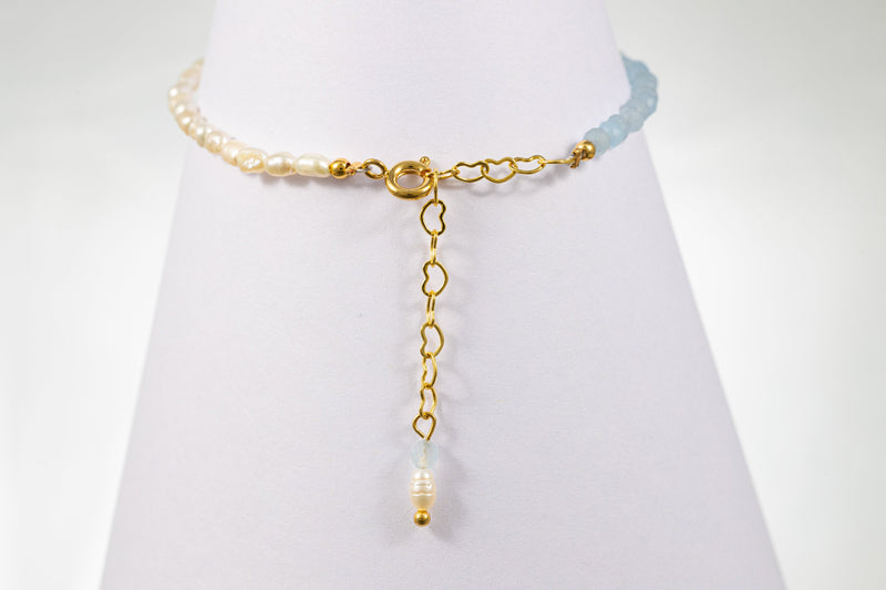 Aquamarine and Freshwater Pearl Bracelet with Gold vermeil Chain, Natural Beaded Bracelet, March Birthstone Bracelet, Gift for Mom