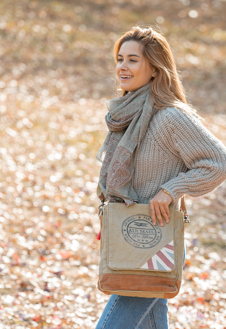 Green Crossbody Canvas Bag with Red Stripes