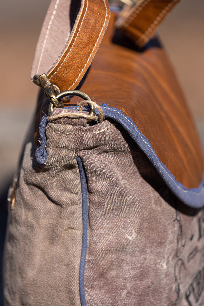 Canvas Shoulder Bag with Leather Trim and Flap