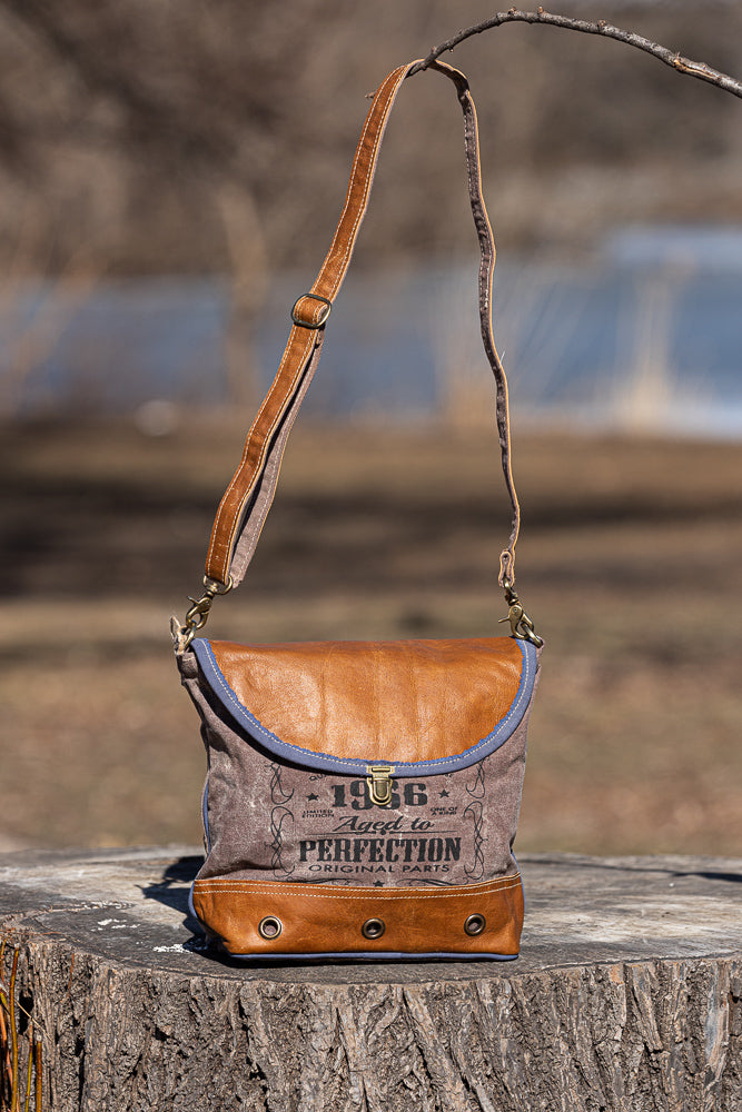 Canvas Shoulder Bag with Leather Trim and Flap