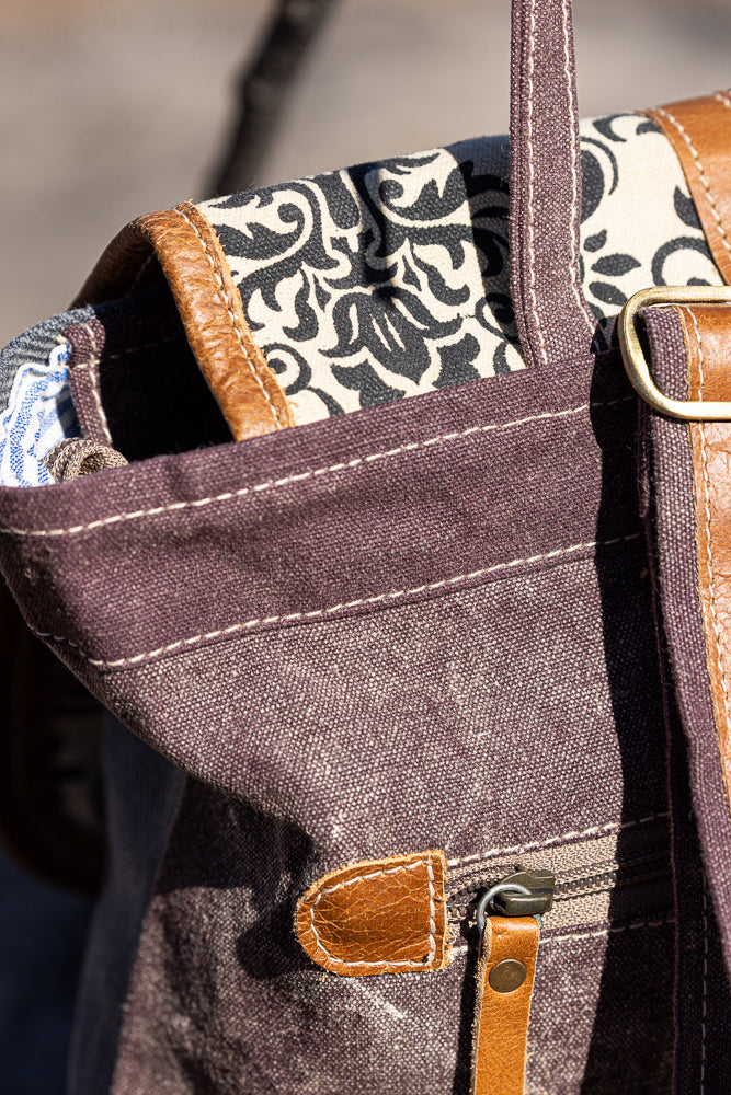 anchor print canvas backpack with faux leather trim Small Canvas Backpack with Ornaments