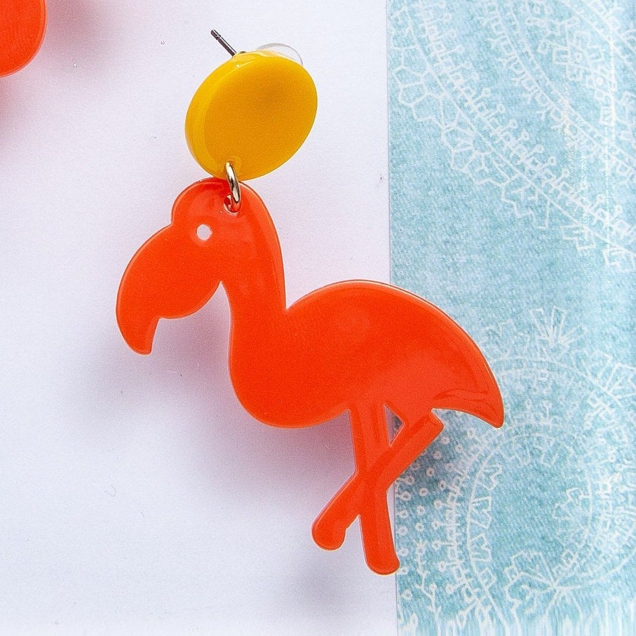 Resin Toucan Earrings, flamengo Statement Earrings, Tropical Bird Post Earrings, Colorful Bird Earrings, Parrot Earrings, Orange Earrings