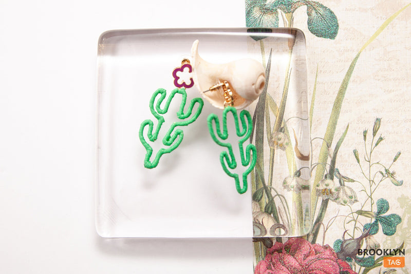 Cactus Stud Earrings, Green Pink Cactus earrings, Cactus Wire Studs, Summer Earrings, Mint Green Statement Earrings, Tropical Beach Jewelry