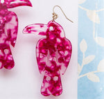 Pink Parrot Acrylic Earrings, Bird Earrings Pink, Tortoise Shell Toucan Earrings, Light Drop Earrings Fuchsia, Tropical Dangle Earrings Pink