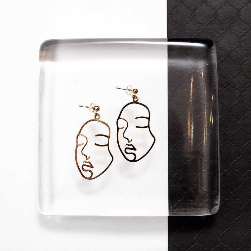 Face Earrings in Gold, Picasso Face Earrings, Post earrings in Gold, Modern Face Stud Earrings Abstract Gold earrings, Modern Style Earrings