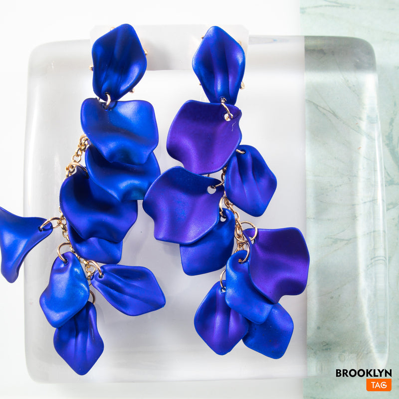 Statement Earrings Blue, Floral Blue Earrings, Metallic Blue Dangle Earrings, Flower Earrings, Cobalt blue Earrings, Flower Petals Jewelry