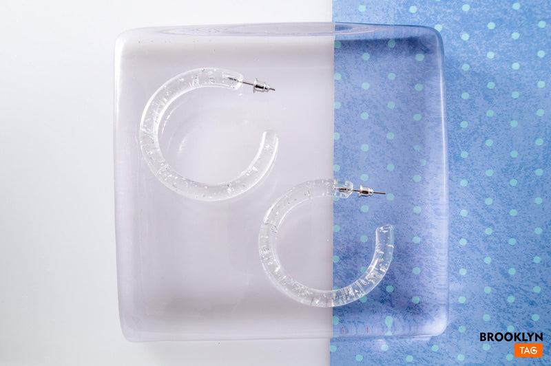 Clear Hoop Earrings with Gold Specks, Statement Earrings Acetate Lucite Earrings with Sparkle, Acrylic Drop Hoop Earrings, lightweight Hoops