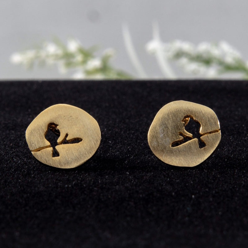 Bird Earrings in Gold, Bird On Branch Small Studs, Tiny Gold Stud Earrings, Gold Plated Natural Studs, BFF Birthday Gift, Bridesmaids Gift