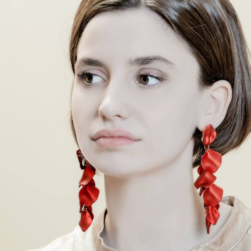 Statement Earrings Red, Floral Red Earrings, Red Dangle Earrings, Flower Earrings, Metallic Red Earrings, Flower Petal Studs, Floral Jewelry