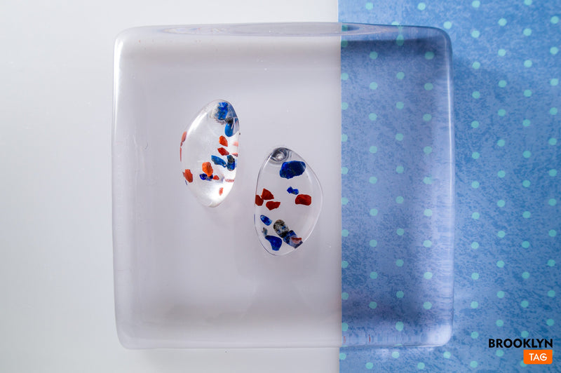 Acrylic Earrings with Blue Red Specks, 80s style earrings, resin studs clear, Oversized studs, Statement Earrings, Geometric Studs, BFF Gift