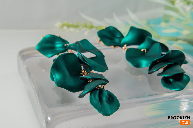 Statement Earrings Green, Floral Green Earrings, Metallic Green Dangle Earrings, Flower Earrings, Green Earrings, Oversized Party earrings