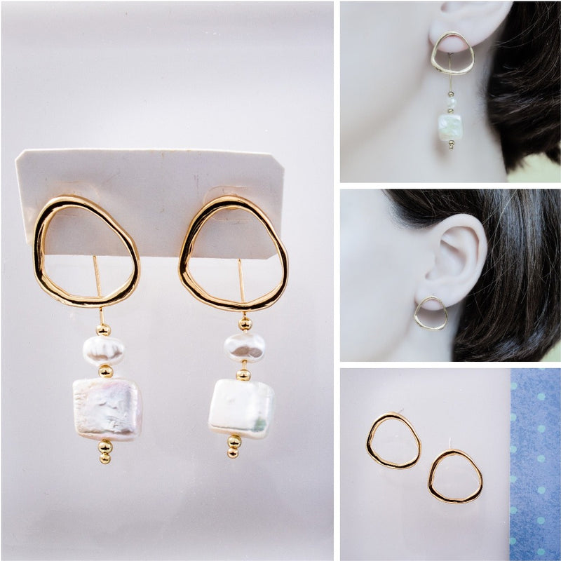 Pearl Earrings Studs, Two in One earrings, Circle studs with dangle pearls, Minimalist Circle Studs, Gold Earrings with Pearls, Gift for Her