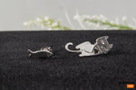 Cat and Fish Studs, Sterling Silver Cat studs, Small Earrings in Silver, Minimalist Studs, Cat Lovers Jewelry, Dainty Mismatched Earrings