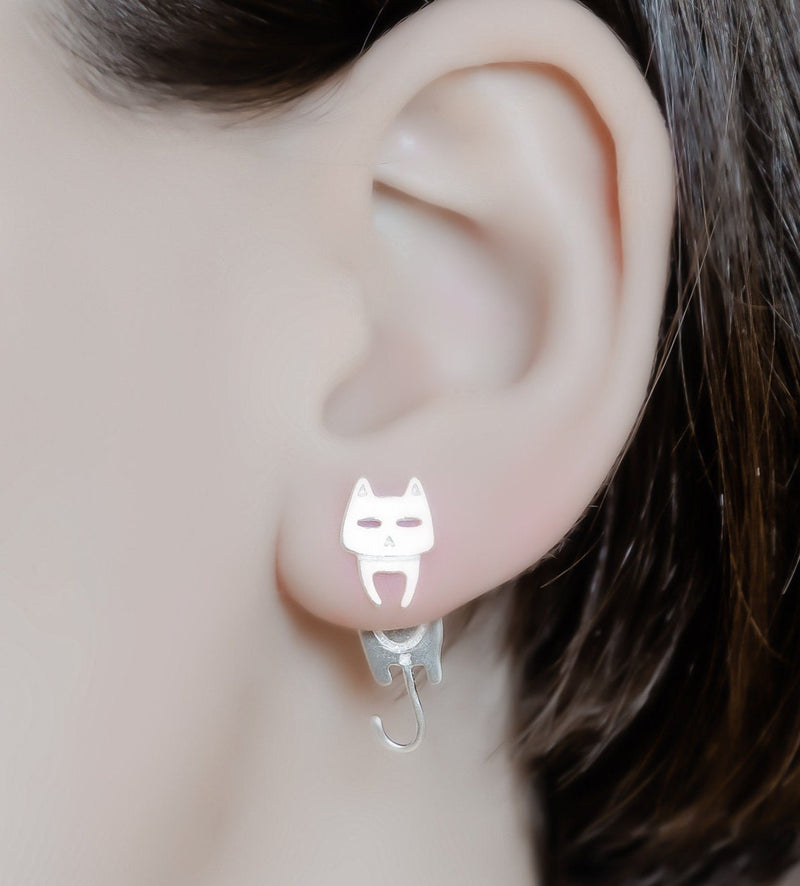 Cat and Fish Studs, Sterling Silver Cat studs, Small Earrings in Silver, Minimalist Studs, Cat Lovers Jewelry, Dainty Mismatched Earrings