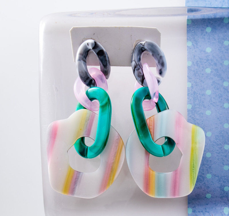 Statement Earrings Oversized, Multicolor Earrings, Resin Dangle Earrings, Chain Earrings Pastel Tones, Oversized Party earrings, 80s Style