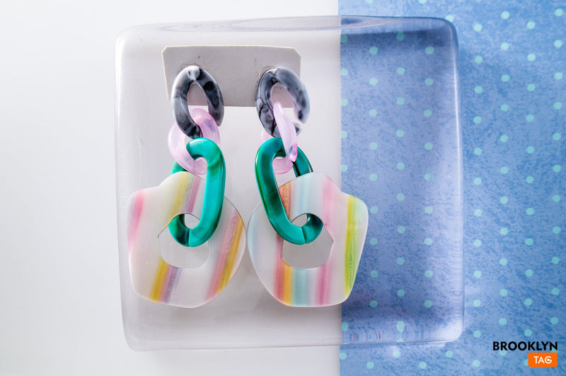 Statement Earrings Oversized, Multicolor Earrings, Resin Dangle Earrings, Chain Earrings Pastel Tones, Oversized Party earrings, 80s Style