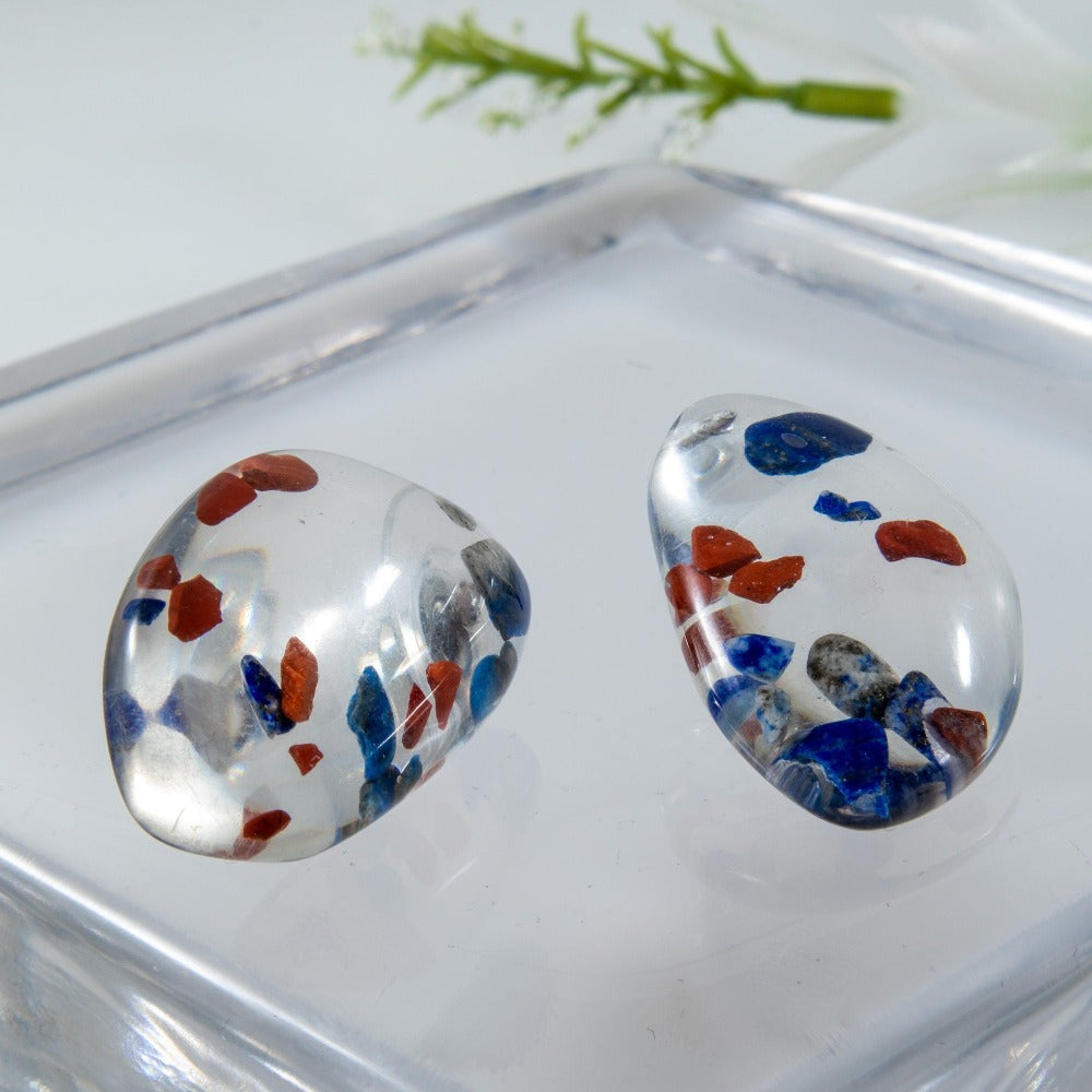 Acrylic Earrings with Blue Red Specks, 80s style earrings, resin studs clear, Oversized studs, Statement Earrings, Geometric Studs, BFF Gift