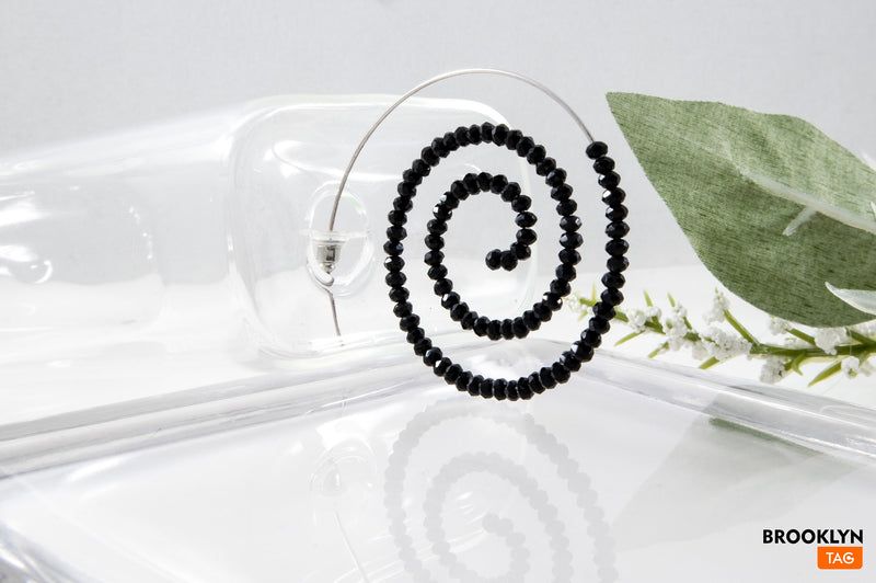 Spiral Earrings Black, Beaded hoops Threaders, Black Statement Earrings, Crystal Beads Hoop Earrings, Black Silver Threaders, Gift For Her