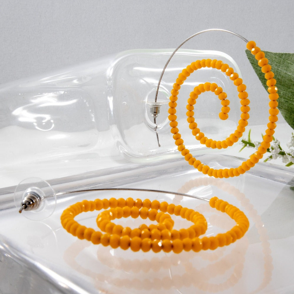 Spiral Earrings in Yellow, Threader Hoops, Yellow Statement Earrings, Minimalist Earrings, Crystal Beads Hoop Earrings, Gift For Her